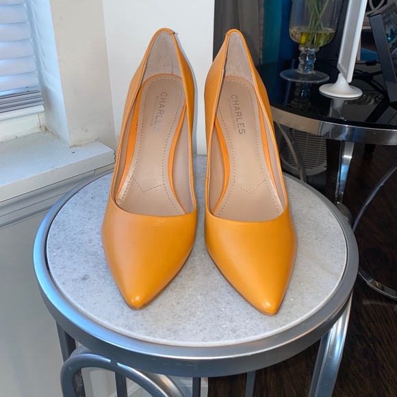 Charles David Orange Leather Stilettos Size 8M - Picture 1 of 7